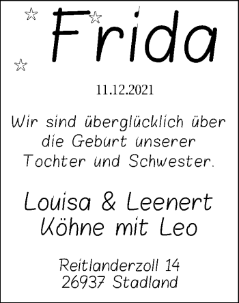 Babyanzeige von Frida Köhne von Nordwest-Zeitung