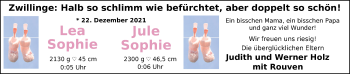 Babyanzeige von Jule Sophie und Lea Sophie Holz von Nordwest-Zeitung