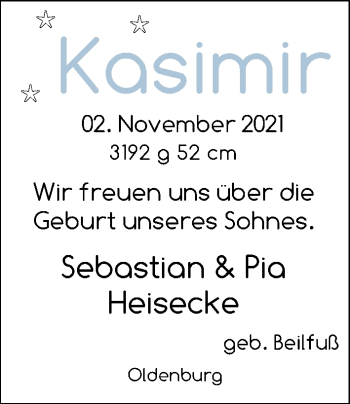 Babyanzeige von Kasimir Heisecke von Nordwest-Zeitung