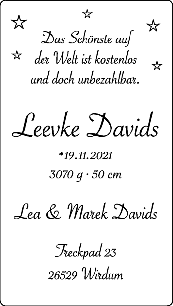 Babyanzeige von Leevke Davids von EZ