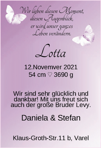 Babyanzeige von Lotta  von Nordwest-Zeitung