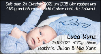 Babyanzeige von Luca Kunz von Nordwest-Zeitung