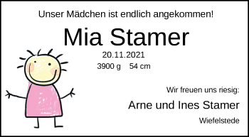 Babyanzeige von Mia Stamer von Nordwest-Zeitung