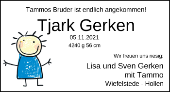 Babyanzeige von Tjark Gerken von Nordwest-Zeitung