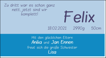 Babyanzeige von Felix Ennen von Nordwest-Zeitung