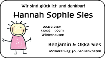 Babyanzeige von Hannah Sophie Sies von Nordwest-Zeitung