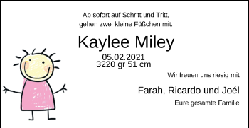 Babyanzeige von Kaylee Miley  von Nordwest-Zeitung