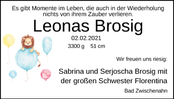 Babyanzeige von Leonas Brosig von Nordwest-Zeitung