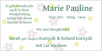 Babyanzeige von Marie Pauline Kutnyák von Nordwest-Zeitung