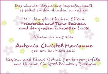 Babyanzeige von Antonia Christel Marianne Reinken von Nordwest-Zeitung