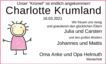 Babyanzeige von Charlotte Krumland von Nordwest-Zeitung