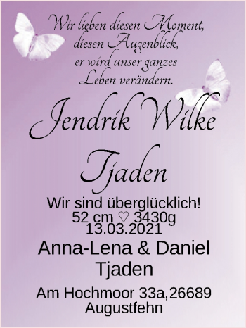 Babyanzeige von Jendrik Wilke Tjaden von Nordwest-Zeitung