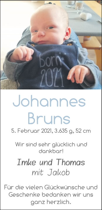 Babyanzeige von Johannes Bruns von Nordwest-Zeitung