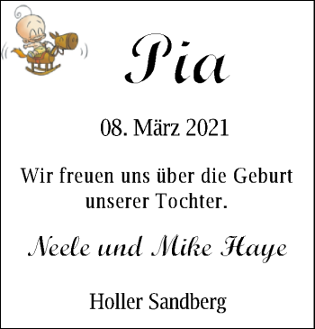 Babyanzeige von Pia  von Nordwest-Zeitung