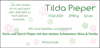 Babyanzeige von Tilda Pieper von Nordwest-Zeitung