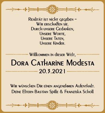Babyanzeige von Dora Catharine Modesta von Nordwest-Zeitung
