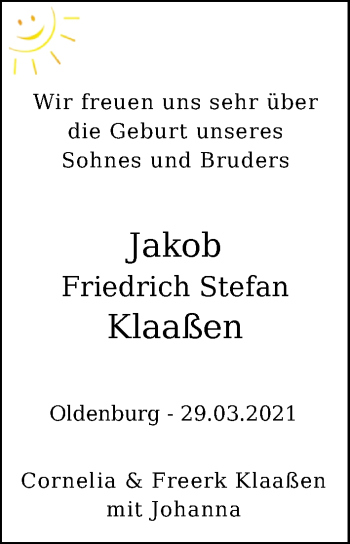 Babyanzeige von Jakob Friedrich Stefan Klaaßen von Nordwest-Zeitung
