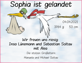 Babyanzeige von Sophia Lünemann von Nordwest-Zeitung
