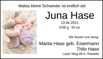 Babyanzeige von Juna Hase von Nordwest-Zeitung