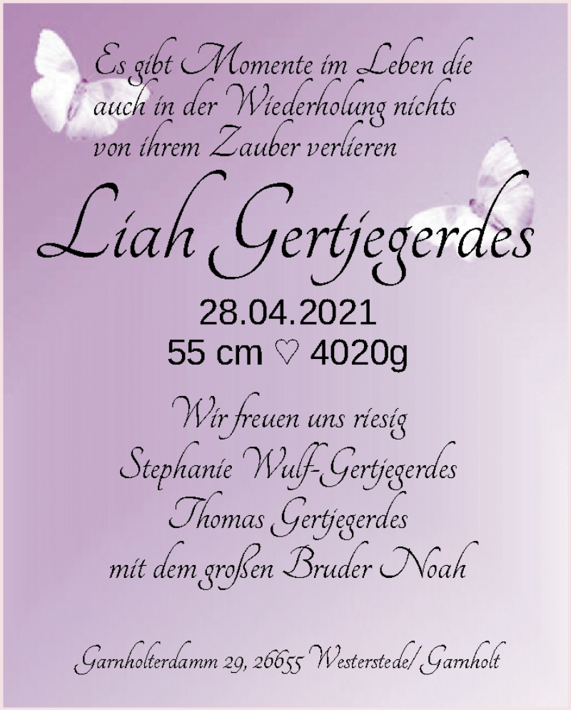 Anzeige für Liah  vom 08.05.2021 aus Nordwest-Zeitung