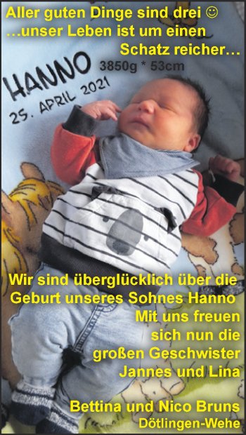 Babyanzeige von Hanno  von Nordwest-Zeitung