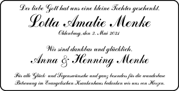 Babyanzeige von Lotta Amalie Menke von Nordwest-Zeitung