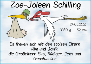 Babyanzeige von Zoe-Joleen Schilling von Nordwest-Zeitung