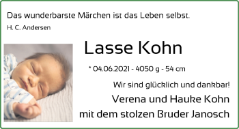 Babyanzeige von Lasse Kohn von Nordwest-Zeitung