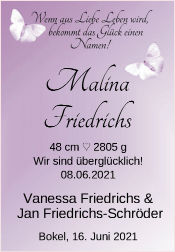Babyanzeige von Malina Friedrichs von Nordwest-Zeitung