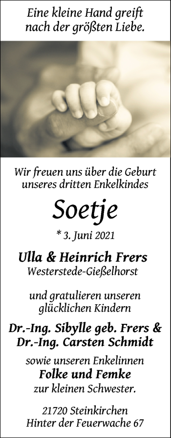 Babyanzeige von Soetje  von Nordwest-Zeitung