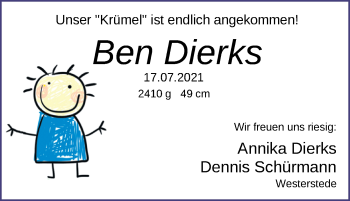 Babyanzeige von Ben Dierks von Nordwest-Zeitung