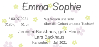 Babyanzeige von Emma Sophie Backhaus von Nordwest-Zeitung