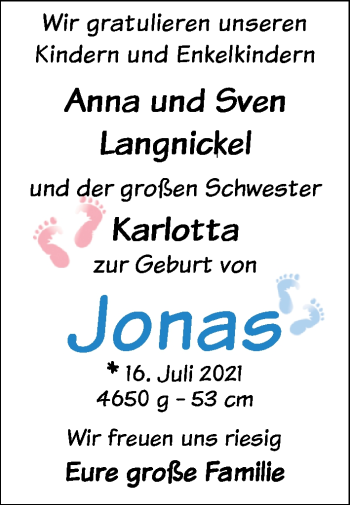 Babyanzeige von Jonas Langnickel von Nordwest-Zeitung