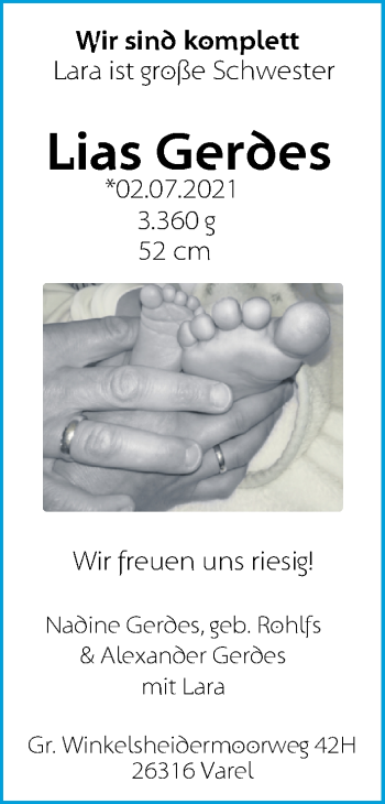 Babyanzeige von Lias Gerdes von Nordwest-Zeitung