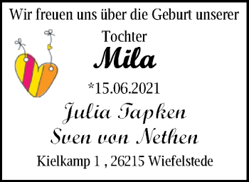 Babyanzeige von Mila Tamara Tapken von Nordwest-Zeitung