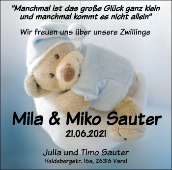 Babyanzeige von Mila und Miko Sauter von Nordwest-Zeitung