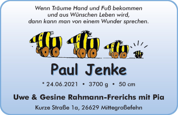 Babyanzeige von Paul Jenke  von Nordwest-Zeitung