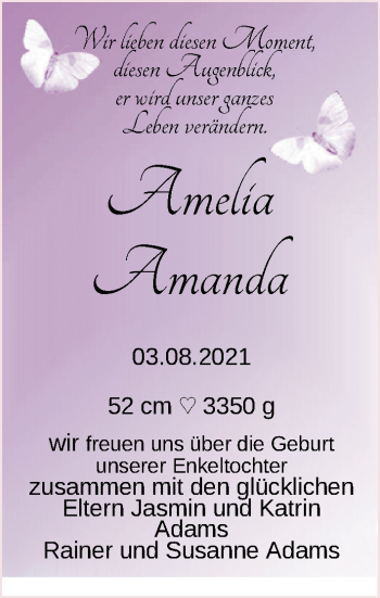 Babyanzeige von Amelia Amanda Adams von Nordwest-Zeitung