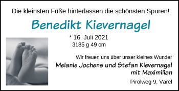 Babyanzeige von Benedikt Kievernagel von Nordwest-Zeitung