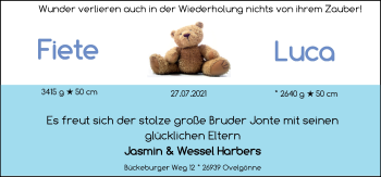 Babyanzeige von Fiete & Luca Harbers von Nordwest-Zeitung