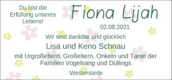 Babyanzeige von Fiona Schnau von Nordwest-Zeitung
