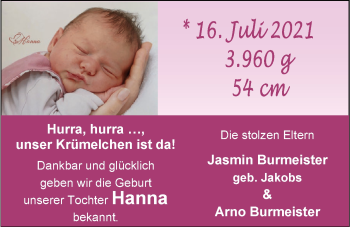 Babyanzeige von Hanna Burmeister von EZ