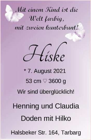 Babyanzeige von Hiske Doden von Nordwest-Zeitung