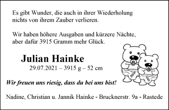 Babyanzeige von Julian  Hainke von Nordwest-Zeitung