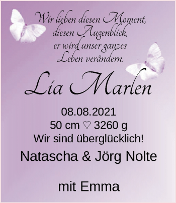 Babyanzeige von Lia Marlen  von Nordwest-Zeitung