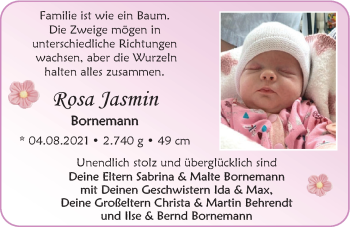 Babyanzeige von Rosa Jasmin Bornemann von EZ
