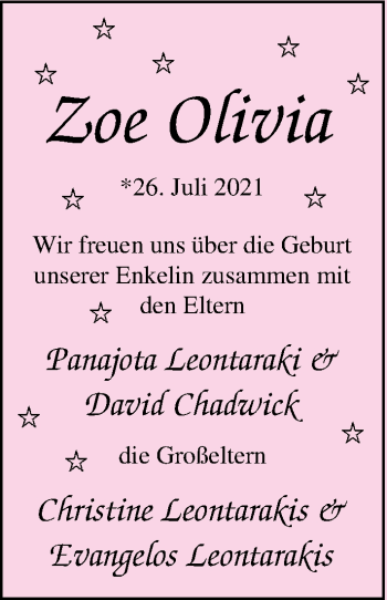 Babyanzeige von Zoe Olivia Leontarakis von Nordwest-Zeitung