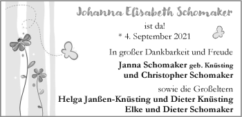 Babyanzeige von Johanna Elisabeth Schomaker von EZ