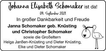 Babyanzeige von Johanna Elisabeth Schomaker von EZ