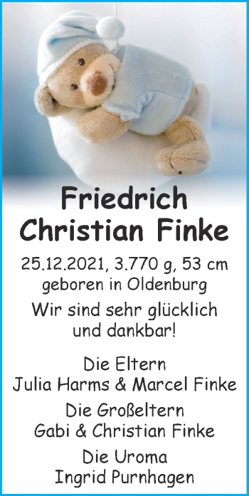 Babyanzeige von Friedrich Christian Finke von Nordwest-Zeitung